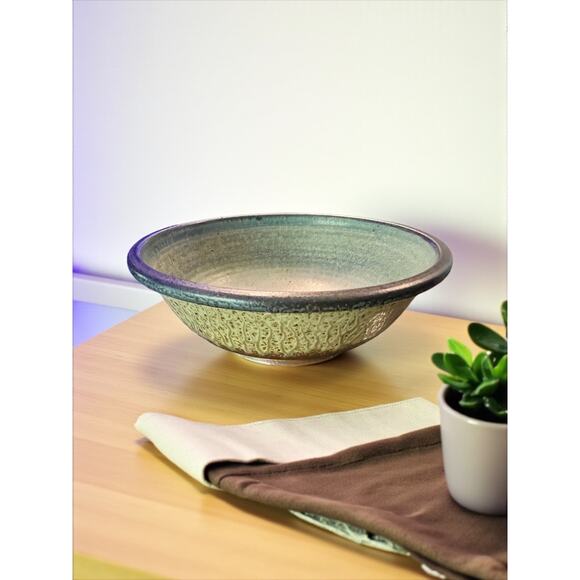 Seagrove NC Studio Pottery Bowl-Ash Drip Celadon Teal Glaze-12''-Stoneware-Brown - Picture 1 of 9